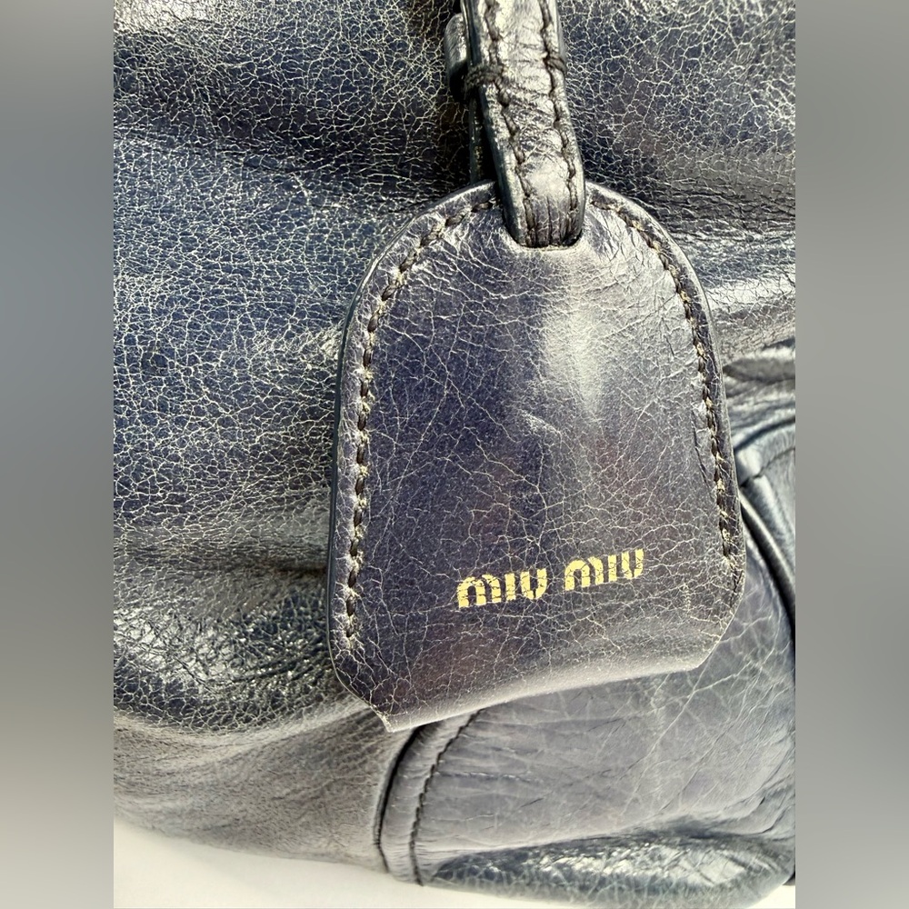 Miu Miu Vitello Lux Blue Leather Satchel Bag Distressed Finish Gold Hardware - Picture 11 of 13